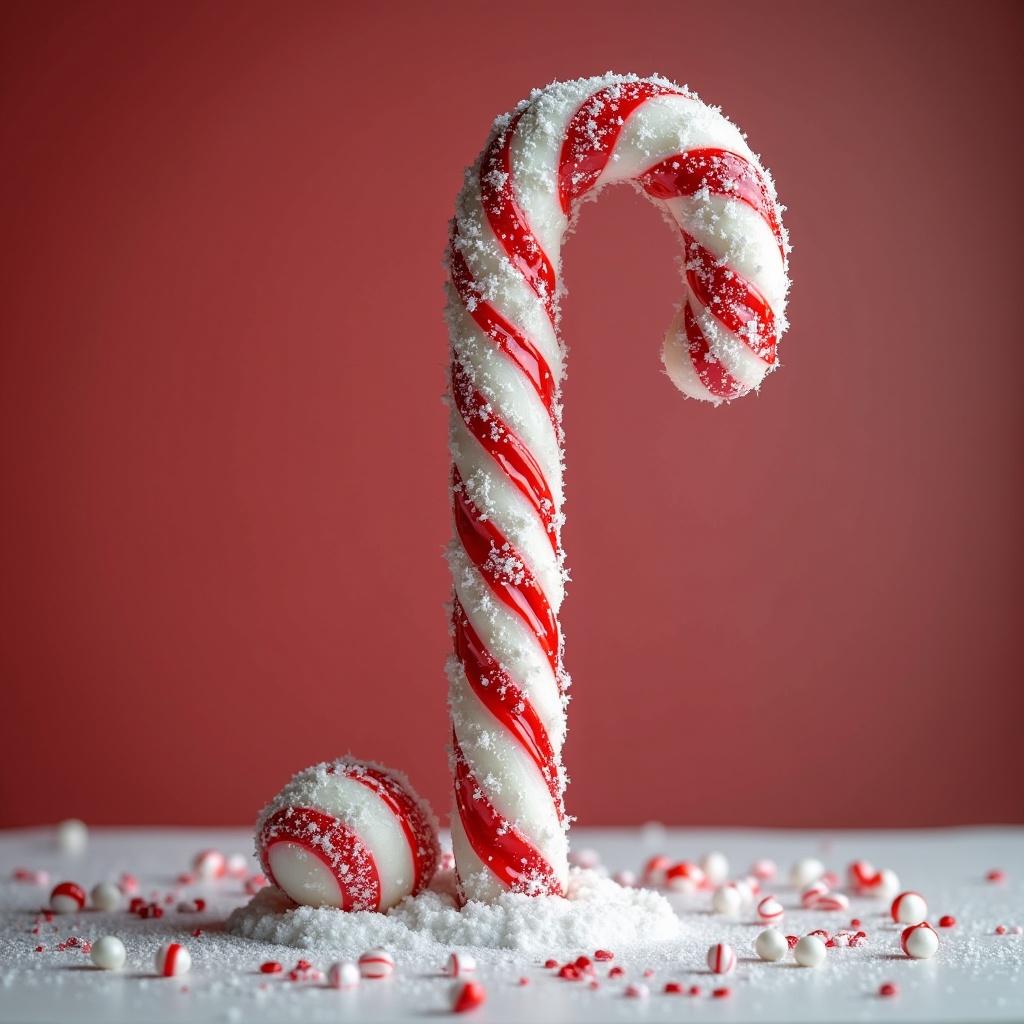 A large red and white candy cane standing upright with smaller candy pieces in the foreground and sugar sprinkled around it. The background has a warm red color creating a festive atmosphere.