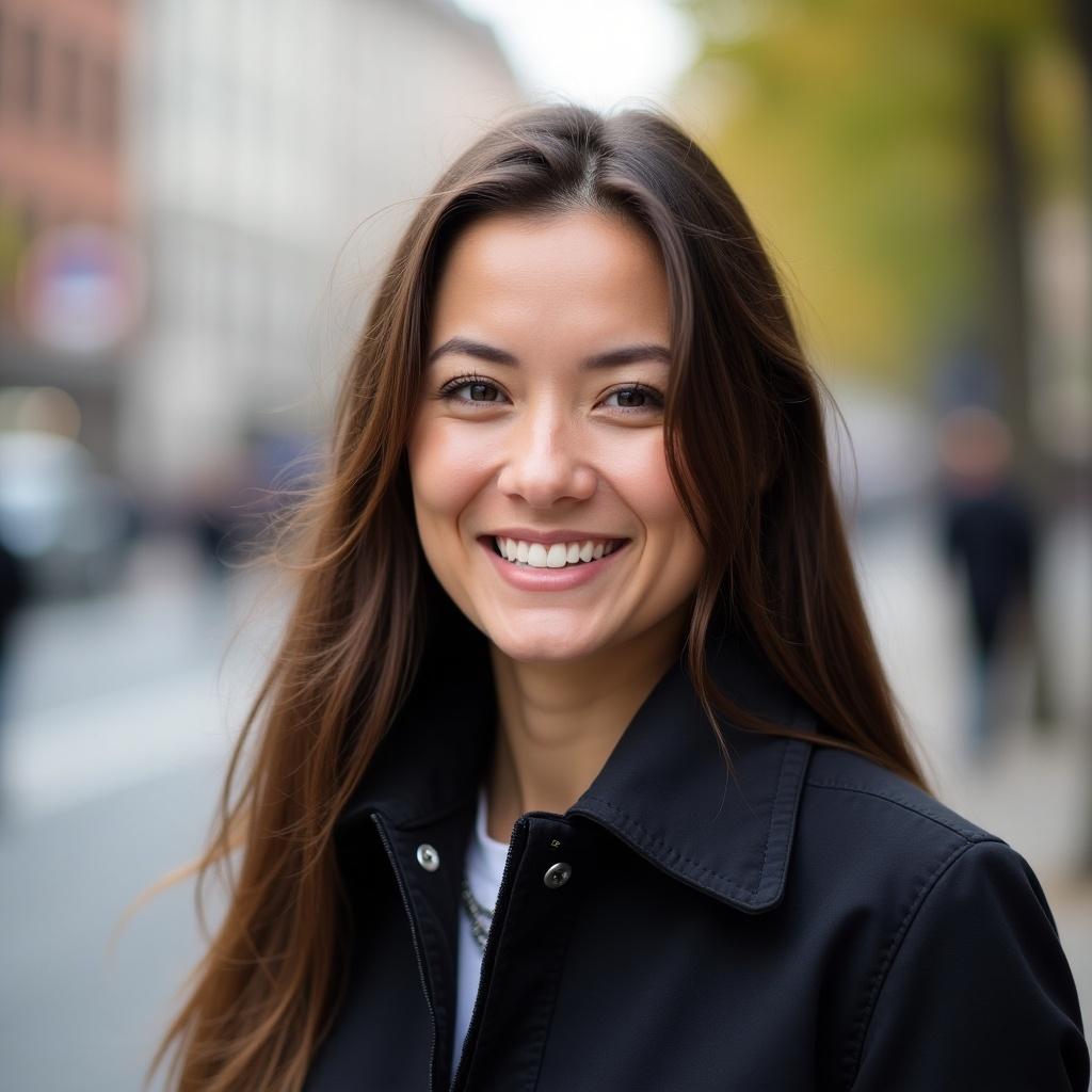 Portrait of a woman with long hair smiling. She is wearing a dark jacket. The background is blurred and outdoors. Natural light enhances her features.