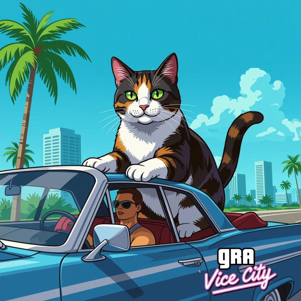 A large calico cat is sitting atop a convertible car in a vibrant city. The car is parked with palm trees surrounding it. Bright blue sky adorns the scene. The setting hints at a retro video game vibe with a relaxed, sunny atmosphere.
