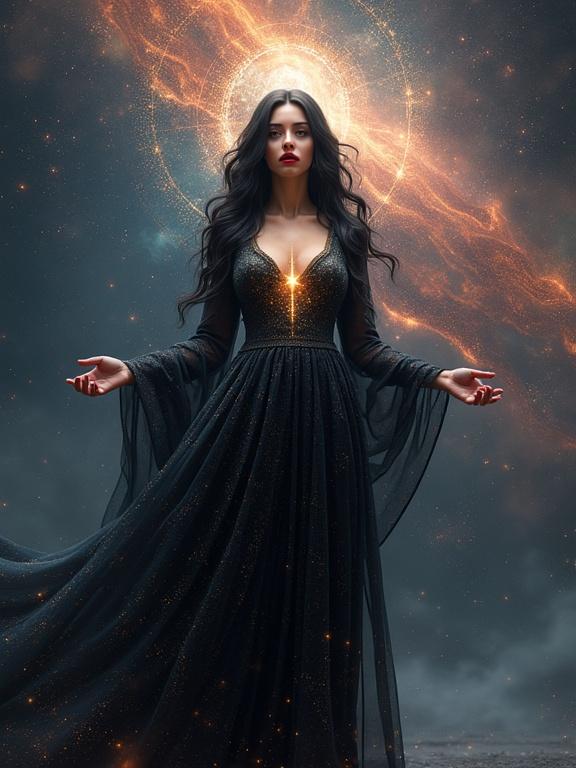 Highly detailed digital artwork featuring a mystical ethereal figure. Central subject is a tall mature woman with long black hair and smooth skin. She has sophisticated makeup with light grey eyes and red lipstick. Wearing a dark metallic dress with glowing patterns. A small shiny dot in the middle of her breast radiates light, creating a cocoon around her. Arms stretched open towards the stars against a cosmic background with vibrant colors and glowing nebulae. The ground resembles cosmic debris. Artwork focuses on light and color.