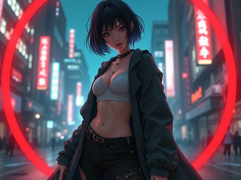 Realistic Japanese female character with black short hair. Dressed in hot pants and a cropped top. Set in a dark urban environment. Background features neon signs. Character posed dynamically in a full-body view. Cinematic lighting enhances the mood.