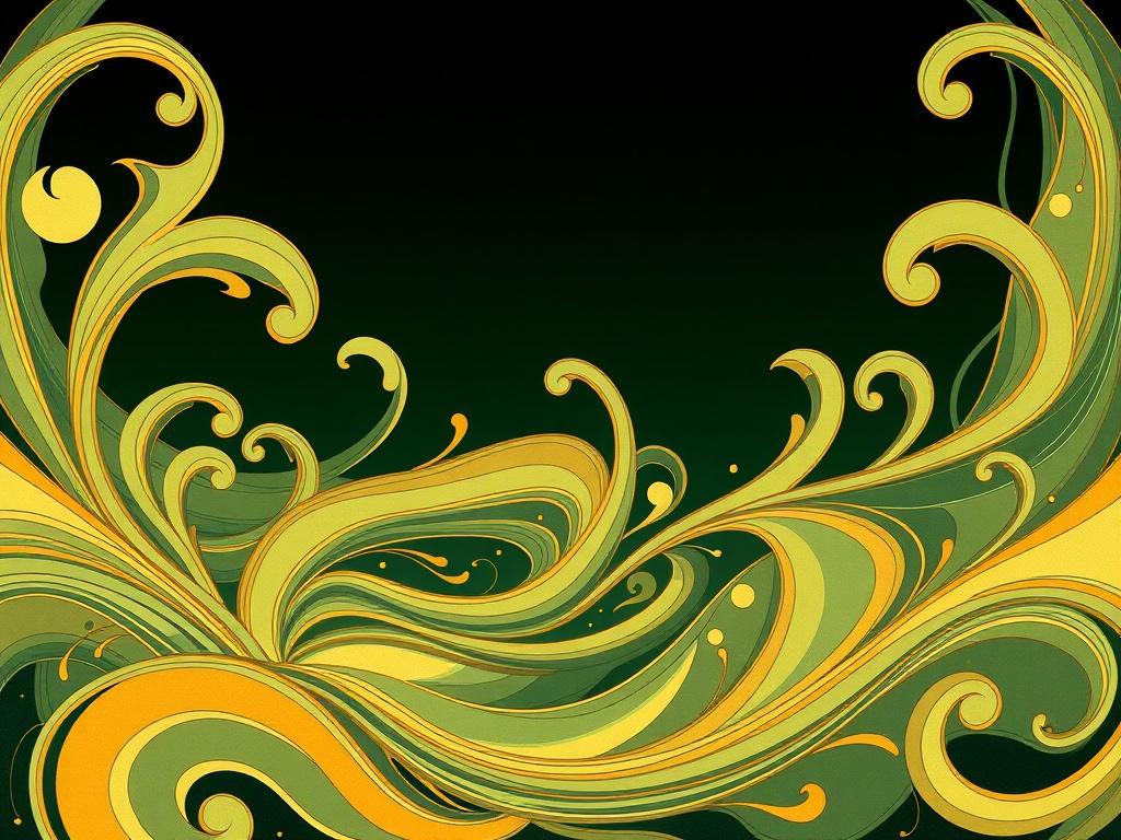 A vibrant and abstract illustration with flowing, swirling lines in various shades of green and yellow set against a dark background.