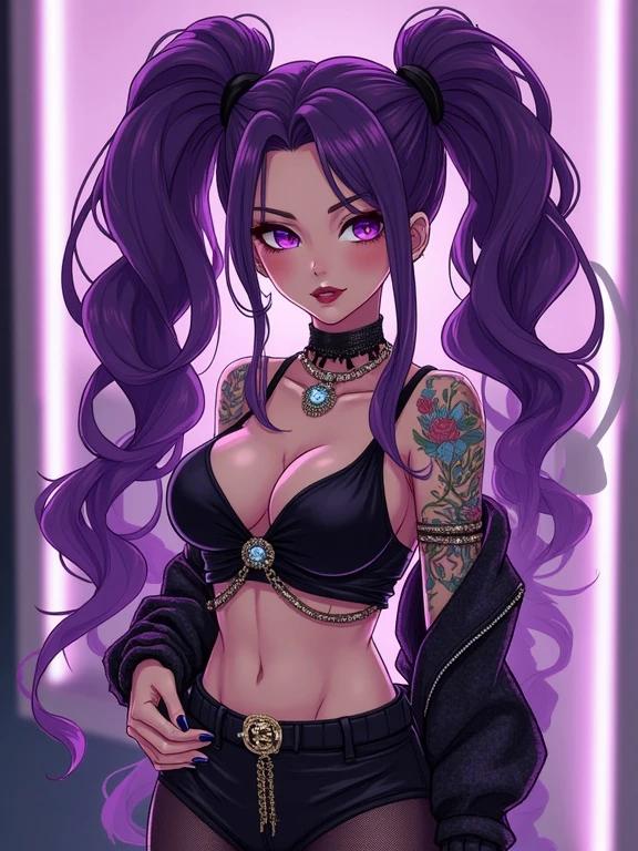 Anime character represents high-tech style. Woman has amethyst purple features. Inside modern boutique she wears edgy streetwear. A combination of elegance and hip hop style is expressed. She showcases impressive tattoos and accessories. The scene captures summer vibes. Bright colors enhance her unique look.