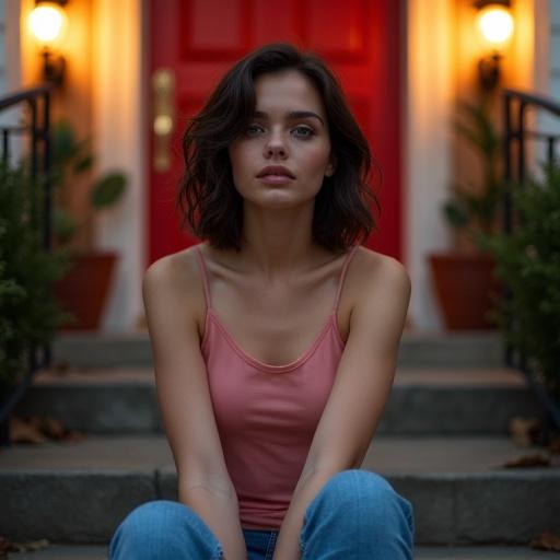 A brunette beauty sits on the steps of a red-fronted house with spotlights illuminating her. She has short wavy hair and blue eyes. Dressed in a pink camisole and skinny jeans, she looks elegant. The photo is taken with a 70mm Canon lens. The composition is cinematic with her off-center.