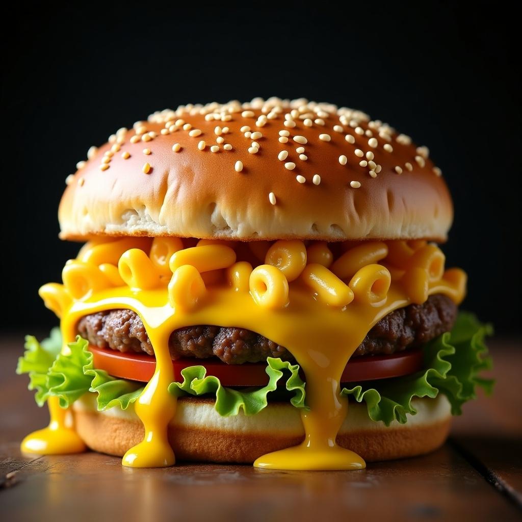 Mac and cheese double patty cheese burger with sauce dripping. Iceberg lettuce and tomato inside brioche bun without sesame seeds. Ultra realistic image.