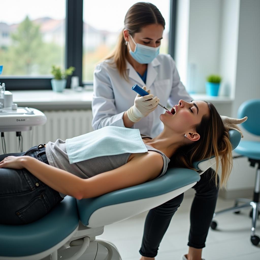 Young woman lying flat in dental chair. Bright dental office with natural light. Dentist works on teeth using drill. Patient shows signs of nervousness. She wears skinny jeans and white sneakers. Tools visible in background.