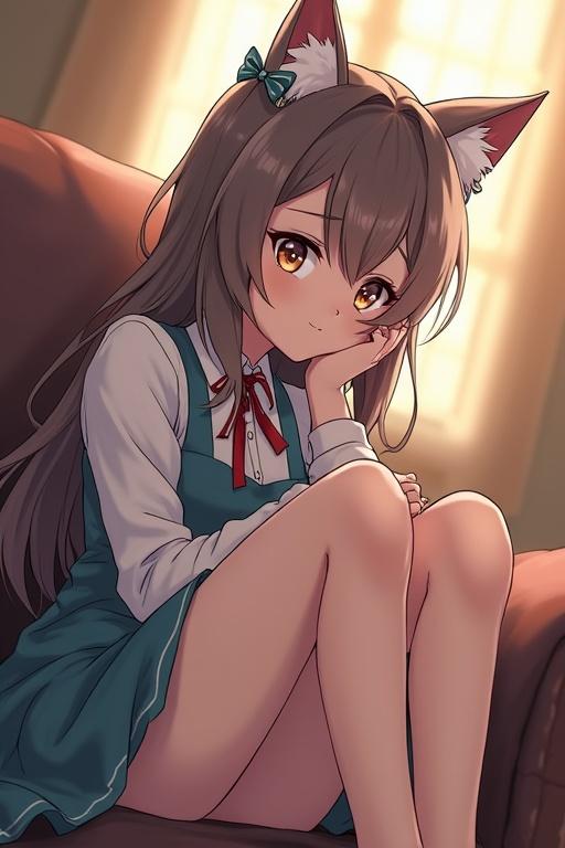 Anime character with cat ears sitting on a couch, thoughtful expression, wearing a school outfit. Background features warm lighting with a cozy vibe.