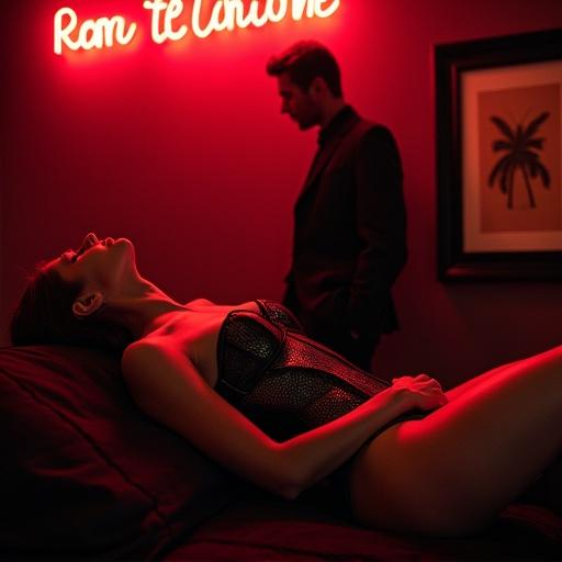 A woman in a black corset reclines while massaging a client. A man in a suit stands nearby, watching. The room is dimly lit with neon lights. The scene radiates tension and sensuality. The woman's attire juxtaposes her environment.