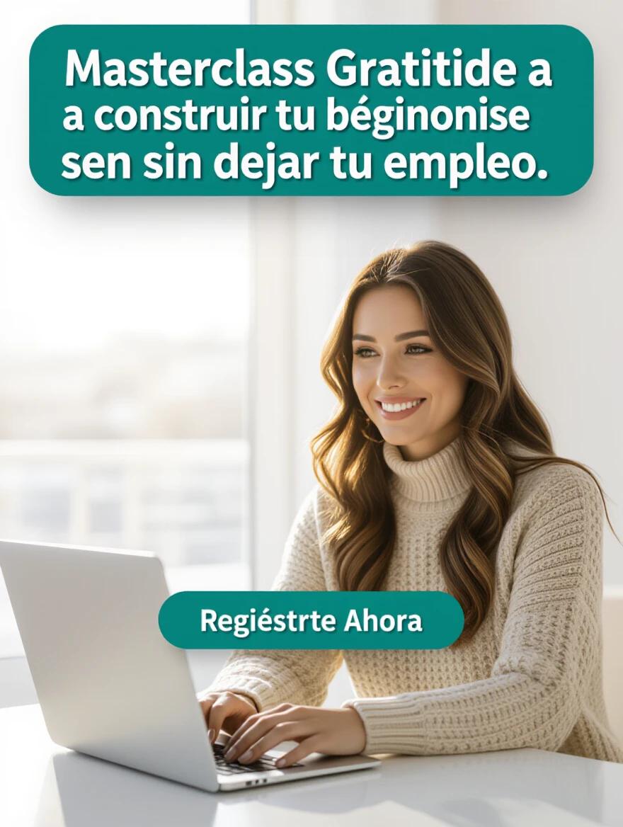 Promotional slide for a Spanish masterclass. Clean background with large text promoting a free masterclass. Emphasis on building a business from home without leaving a job. Button for registration included. Background features a blurred figure with a laptop.