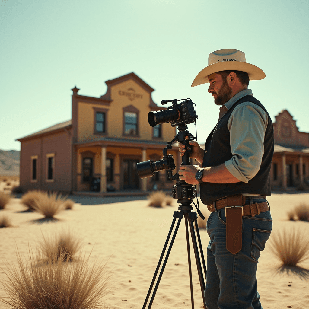 The image features a man operating a camera mounted on a tripod in a desert environment. He is wearing a cowboy hat, denim jeans, a black vest over a light-colored shirt, and a belt with what appears to be a holster. The setting includes a sandy foreground with sparse desert vegetation, and a rustic, western-style building in the background, which has a sign reading "BARCINTOY." The lighting indicates that it is daytime, with clear skies and bright sunlight casting shadows on the ground.