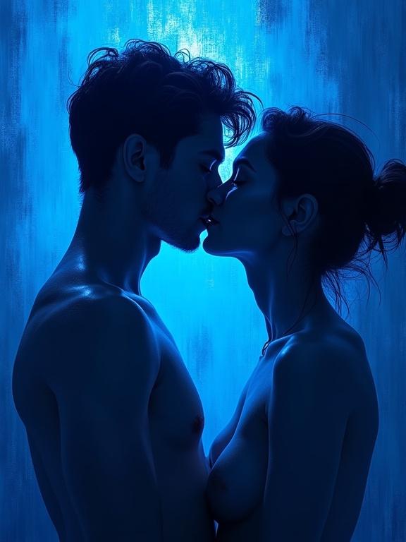 Surreal impressionist art featuring a naked couple kissing in a close-up perspective. The image showcases expressionist brushstrokes with vibrant blue textures and monochrome shades. A glowing blue light illuminates the scene, creating deep shadows. The overall feel is dreamy and ethereal with sharp details and high contrast, reminiscent of Yves Klein's work.