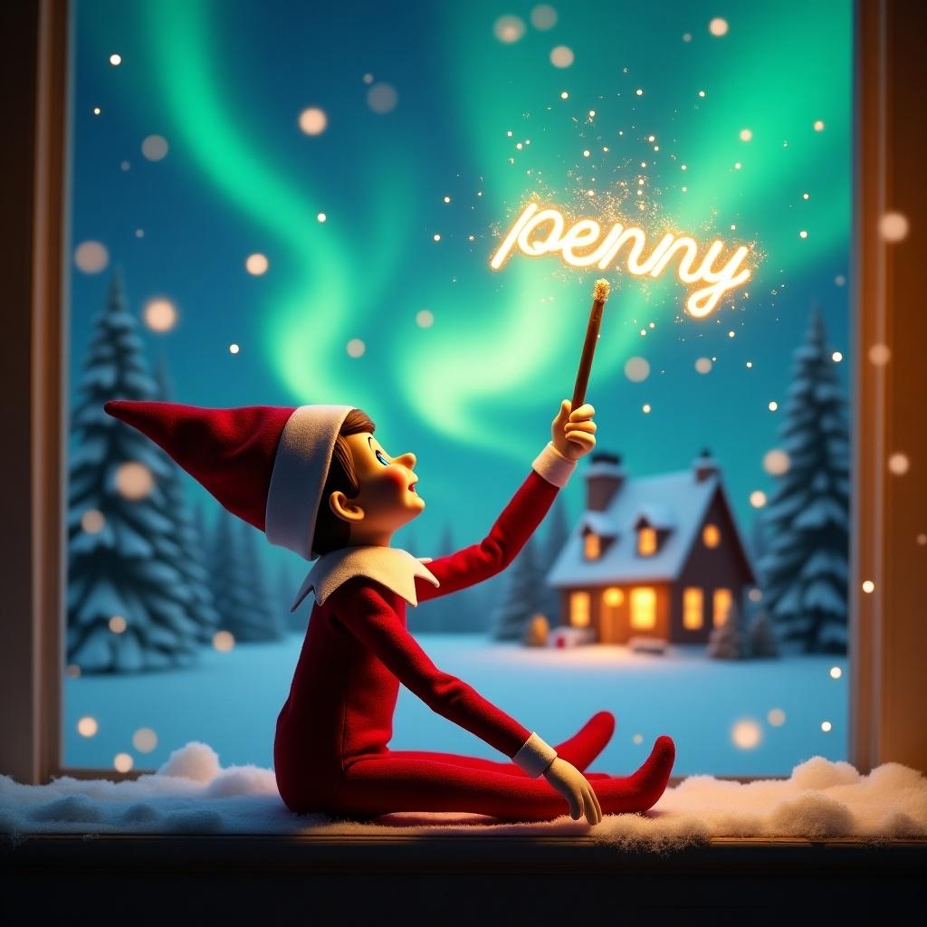 An elf sits with its back to the viewer, gazing skyward. It holds a glowing wand emitting light. Background showcases a Christmas scene with colorful northern lights. Cozy house in the distance decorated for holidays. Snow covers the ground, creating a winter atmosphere. Elf embodies magic and wonder of Christmas. The name 'penny' is written in the air with the wand.