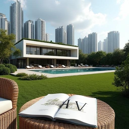 Photorealistic image of a modern house in a metropolis. House has large windows, green land around it, and a swimming pool. Foreground has a wicker chair and table with magazine. Background features light gray skyscrapers and a sunny sky. Dynamic angle from above shows details of the scene.