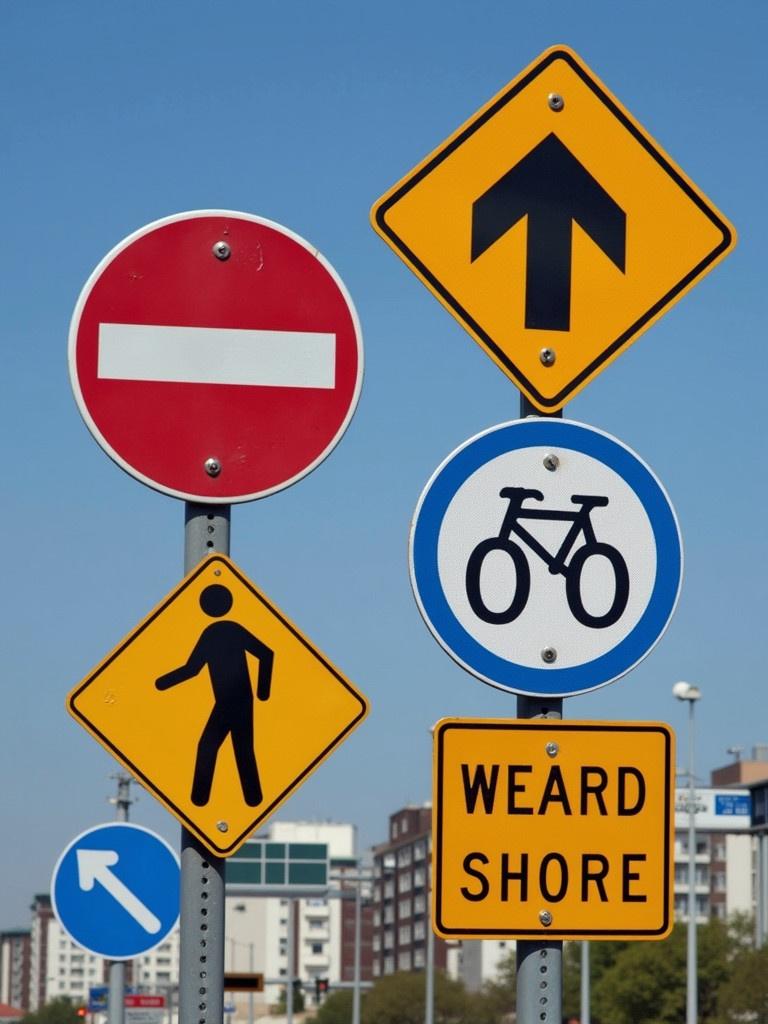 Multiple traffic signs are displayed. Signs include no entry, pedestrian walking symbol, bicycle symbol, and a warning sign. A clear blue sky fills the background. City buildings are visible in the distance.