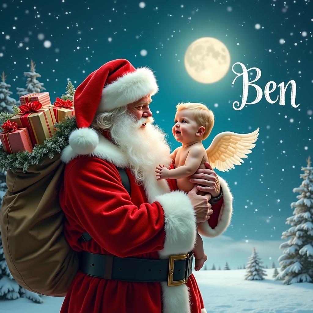 Magical depiction of Santa Claus holding a baby boy with angel wings with a sack of gifts. Snowflakes falling in a moonlit scene. Emphasis on traditional attire and festive spirit. Name ‘Ben’ written across sky.