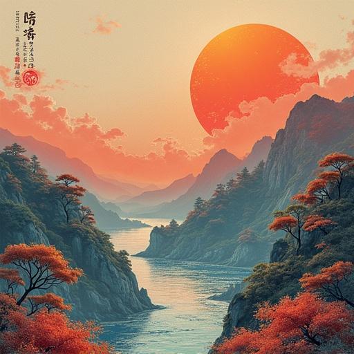 A poster depicting the Dragon Boat Festival. Title in Chinese saying 'Wishing Health on Dragon Boat Festival'. Vibrant sunset over a tranquil river and mountains. Traditional Chinese artistic style.