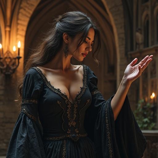 Sorceress casting a sleep spell. Wearing revealing gown. Medieval house interior. Photo-realistic appearance.