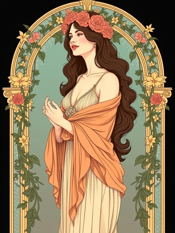 A semi-realistic vibrant Art Nouveau female figure is shown from the waist up. She stands before a tall arched window framed with decorative vines. Her hands are hidden beneath an embroidered shawl. Long flowing hair cascades in waves, adorned with a crown of roses. She gazes to the side with a gentle smile. The dress and shawl have ornate folds and motifs outlined by bold lines. Background features ornamental curves and symmetrical drapery. The color palette includes gold, orange, cream, turquoise, pink, and moss. There is a black background with a solid border at the top. The design is centered and not cropped.