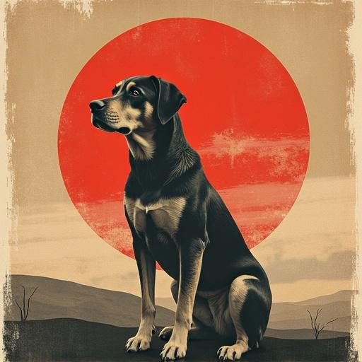Vintage travel poster featuring a dog in a retro style. Dark-brown off-white background with a large red circle behind the dog.