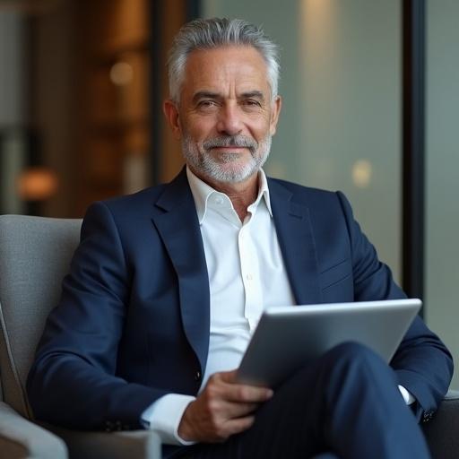 A confident middle-aged man slightly tanned skin in a navy suit with a white shirt is sitting on a modern chair. The man is in a luxury office setting holding a tablet. He has short gray hair and a slight smile. The lighting is cinematic.