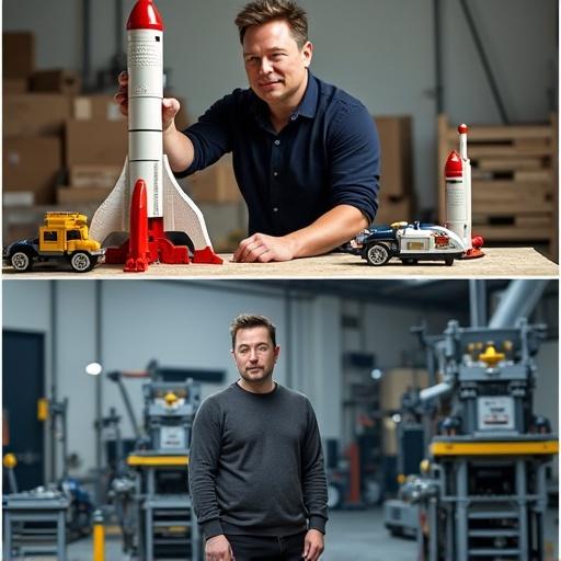 Collage of two images. Top image with an individual building a Lego rocket in a factory setting. Bottom image shows the same individual looking more lifelike.