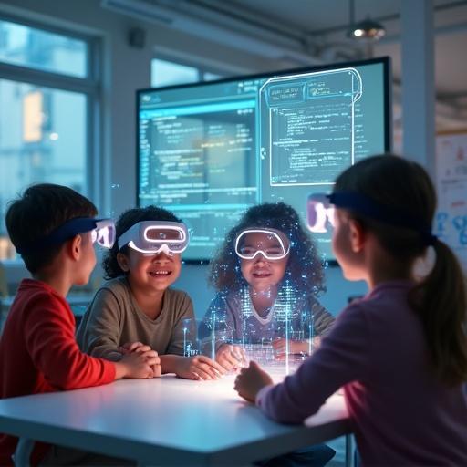 A group of children in a modern classroom. They wear augmented reality glasses. They interact with floating holographic lines of code and 3D data visualizations. The setting is collaborative and futuristic.