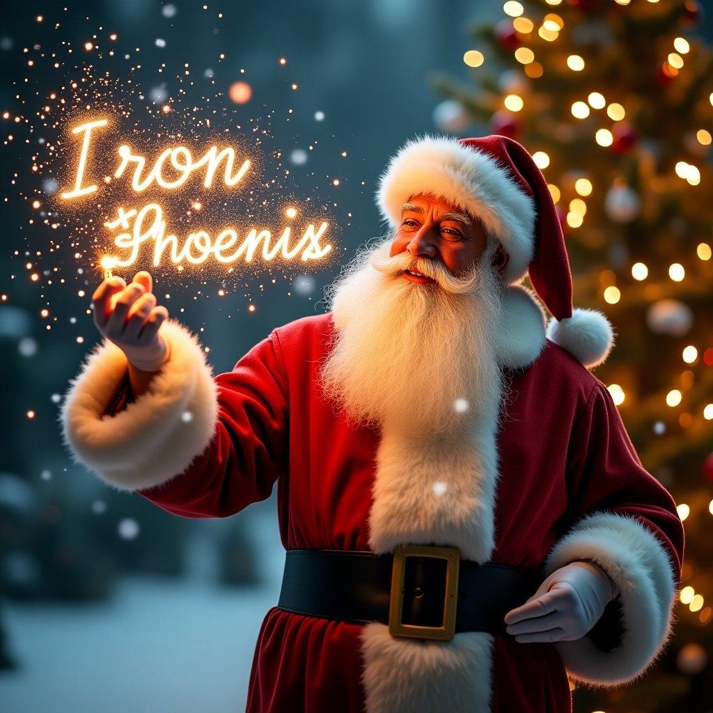 A magical Christmas scene with Santa writing Iron Phoenix Mcc in the air using sparklers. Imposing Christmas tree glowing in the background enhances the festive spirit.