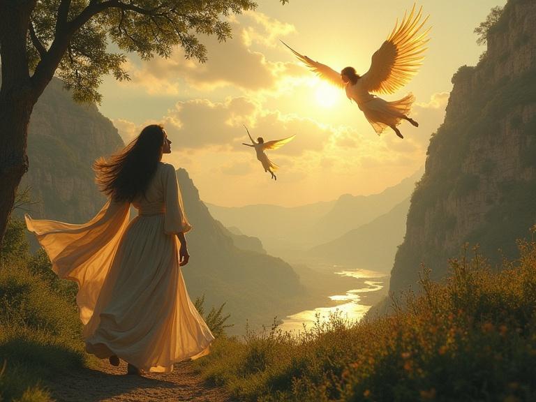 An empowered woman named Lilith runs barefoot through the tall grass at the edge of the Garden of Eden. She wears a flowing linen tunic caught by the wind. Paradise glows in the background with lush trees and crystal rivers. Two formidable angels from the Old Testament chase her from the sky. One has fiery wings and the other carries a spear of light. The scene conveys tension and mysticism, contrasting the beauty of Eden with urgency.