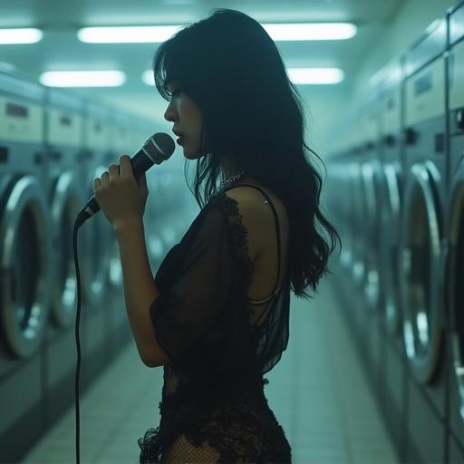 A podcast host stands in a laundromat. She wears a sheer black blouse and fishnet stockings. High heels echo on tiled floor. Hair is sleek and pulled back. A delicate silver chain adorns her neck. She cradles a microphone, eyes closed, lips parted. Flickering fluorescent light casts shadows. A blurred figure is in the background. The atmosphere is seductive and voyeuristic. Sounds of machines and a distant siren create a tense ambiance.