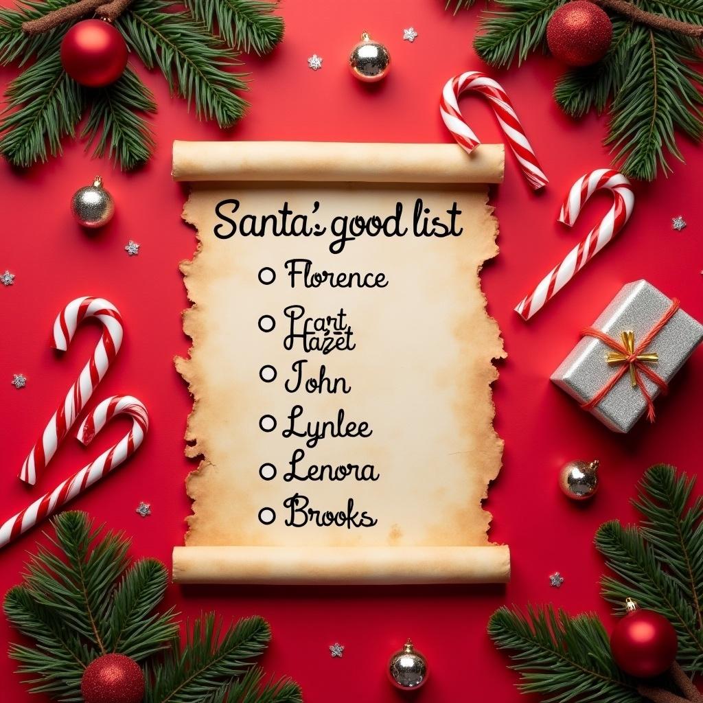 Parchment scroll with Santa's good list. Vibrant red background. Decorative elements candy canes shiny ornaments. Aged scroll with burned edges. Names written in charming font. Shiny baubles small gift box. Complete festive atmosphere.