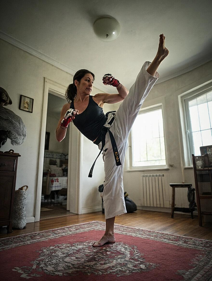 Woman practicing martial arts at home. She is 40 years old. Performing a high kick. Dressed in karate uniform with gloves. Room has natural light and wooden floor.