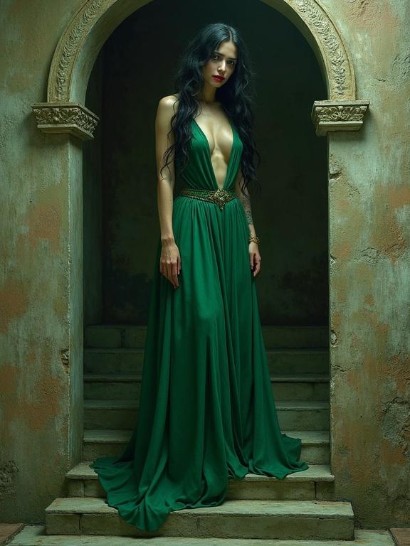 A glamorous vampirella with long black hair and red eyes stands on a stone stairway. She wears a flowing green dress. The setting is ethereal and mystical.