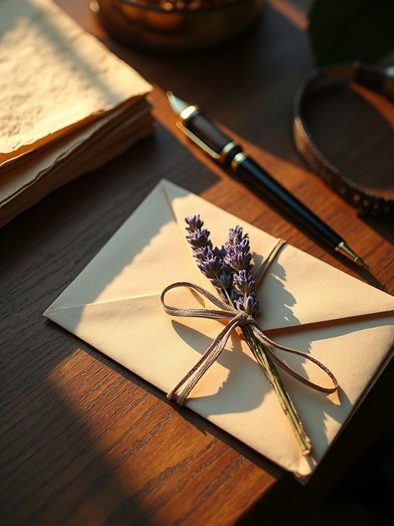 Overhead scene of a wooden desk with warm light. An antique envelope tied with a ribbon. Dried lavender placed on the envelope. A vintage ink pen beside the envelope. Stack of old papers in the background. Soft shadows and ambient glow. Cinematic composition with subtle vignette.