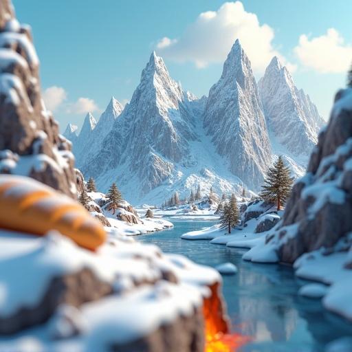 A stylized miniature landscape in 3D art. Towering snow-capped peaks and rugged mountains surround a serene river. Elements resemble baked goods like loaves of bread are part of the landscape. Atmospheric effects of wind are visible. Fire and smoke indicate volcanic activity. Pointillist style provides a unique texture.
