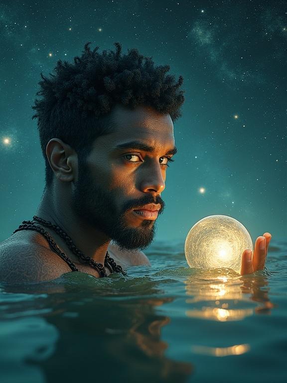 The image features a mythical spirit face of a wise metis tribal man emerging from calm water. A brilliant cosmic sphere is held in his hand. He has dark green eyes and short black hair. A cosmic sky filled with stars and swirling patterns surrounds this scene. The man embodies confidence, determination, independence, and wisdom.