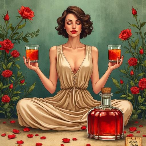 A vibrant ink and watercolor illustration focused on a stylized advertisement. A modern Venus goddess meditates peacefully after a stressful week in a 1920s speakeasy. She wears a flowing silk dress and holds tasting glasses of reddish herbal liqueur. The scene features jazz musicians, rose petals, and lush green plants. An apothecary-style spirit bottle with bright reddish liqueur sits prominently. The illustration uses earthy tones and a whimsical style, creating a mysterious and elegant mood.