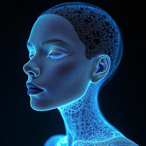 Stunning face with bio-luminescent features in a cybernetic style. Emphasizes fashion and haute couture. Showcases unique materials and design influences from TeamLab.