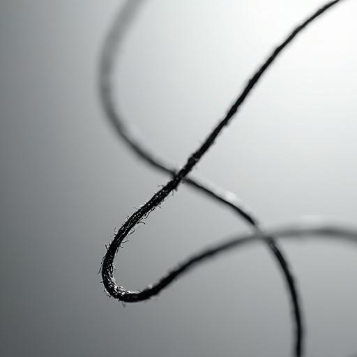 Close-up image of black thread floating in mid-air. Gray gradient background provides contrast. Light reflections highlight thread texture. Artistic and abstract composition with clean lines.