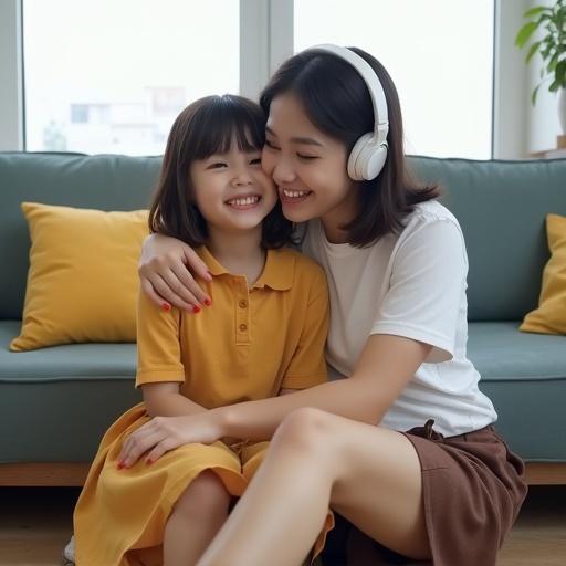 Mother and daughter sitting on the floor in a room. Mother wearing a white t-shirt and brown shorts. Daughter wearing a yellow dress. They are laughing and hugging each other. Background includes a sofa with cushions and a window. Mother has headphones on and is holding a cellphone. Daughter has her cellphone raised. Decorative plant nearby.