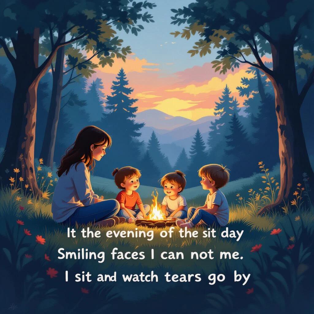 Evening scene with children gathered around a campfire. Warm sunset colors fill the sky. Children display joyful expressions while surrounded by trees. The ambiance reflects warmth and togetherness.