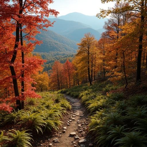 Forest mountain ridge in the Appalachians during peak fall with maple and oak trees. Dirt hiking trail winds through ferns and stone cairns. Distant barn roof visible among foliage. Soft afternoon light filters through canopy.