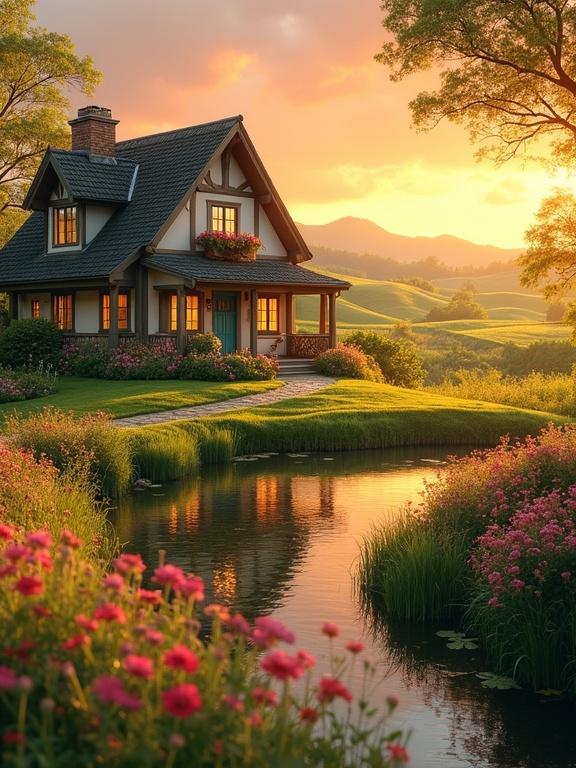 A dreamy countryside retreat with a two-story cottage. Surrounded by blooming flowers and green fields. Includes a peaceful pond and glowing orange sky at golden hour. Natural beauty and village charm create a magical scene.