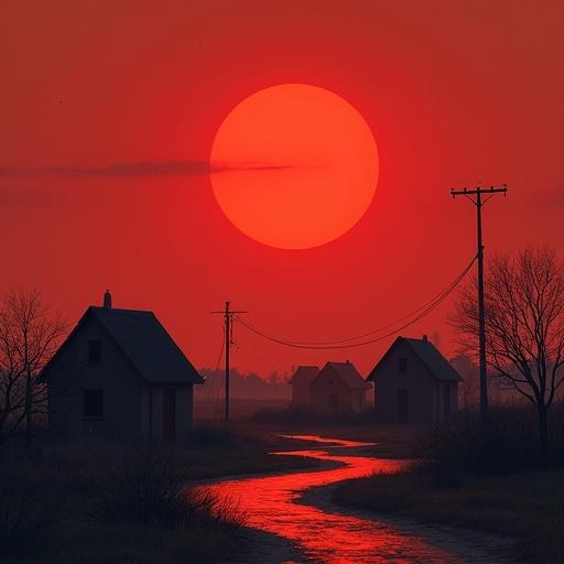 A village under a striking red sky with a winding path and silhouettes of houses.