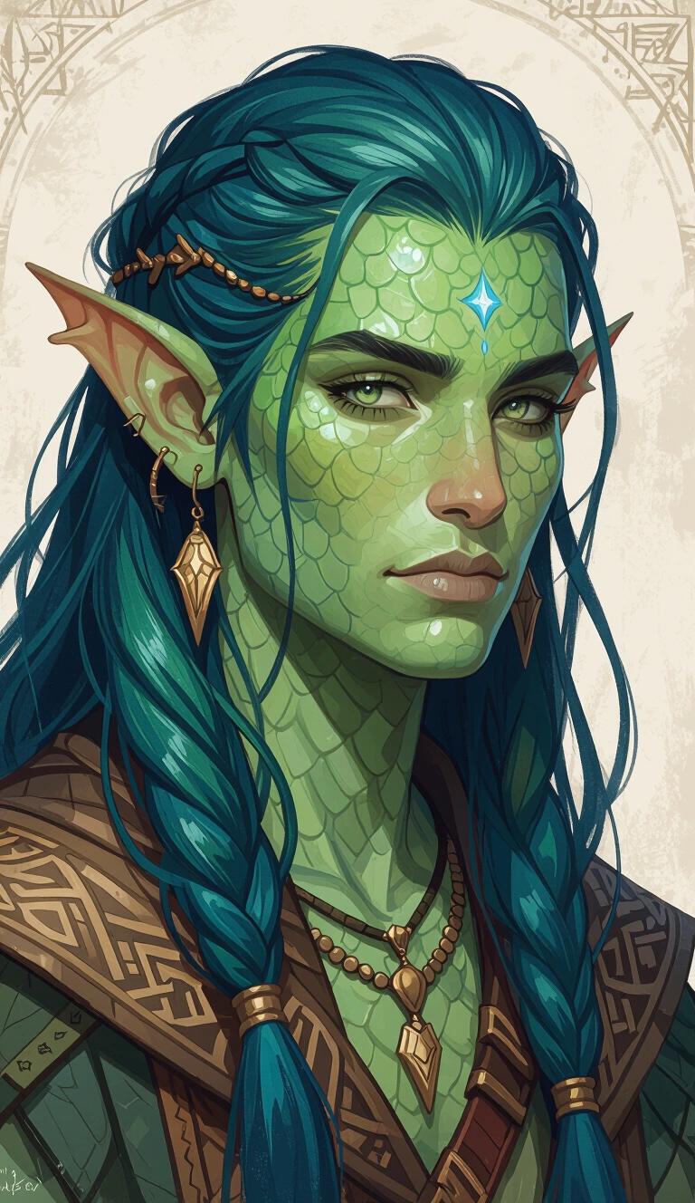 Oil painting style illustration of a young druidic fish-person with sharp finned ears. The character features green-blue scaled skin and wears Theros Fantasy clothing. This character is depicted in a harsh ancient port city. Long, slick-backed green-blue hair adds to the ethereal feel.