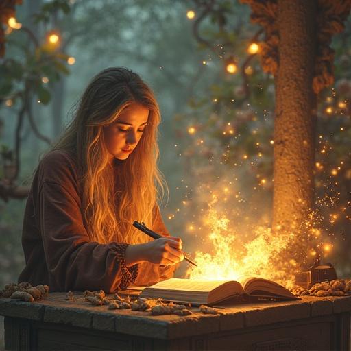 A magical forest setting with a young woman writing in an open book. She is surrounded by sparkling lights and mythical elements. The atmosphere is enchanting and aims to inspire creativity and learning.