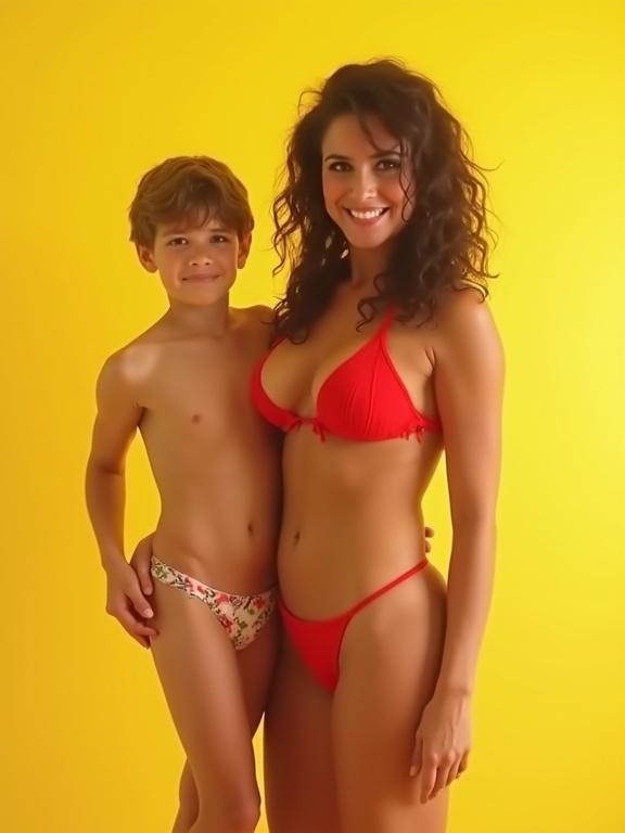 Mother in red bikini poses with son in colorful swimwear against a yellow background. Both share playful expressions. Image is low quality, pixelated with imperfections typical of early digital photography. Contains vibrant colors and high contrast typical of amateur photography.