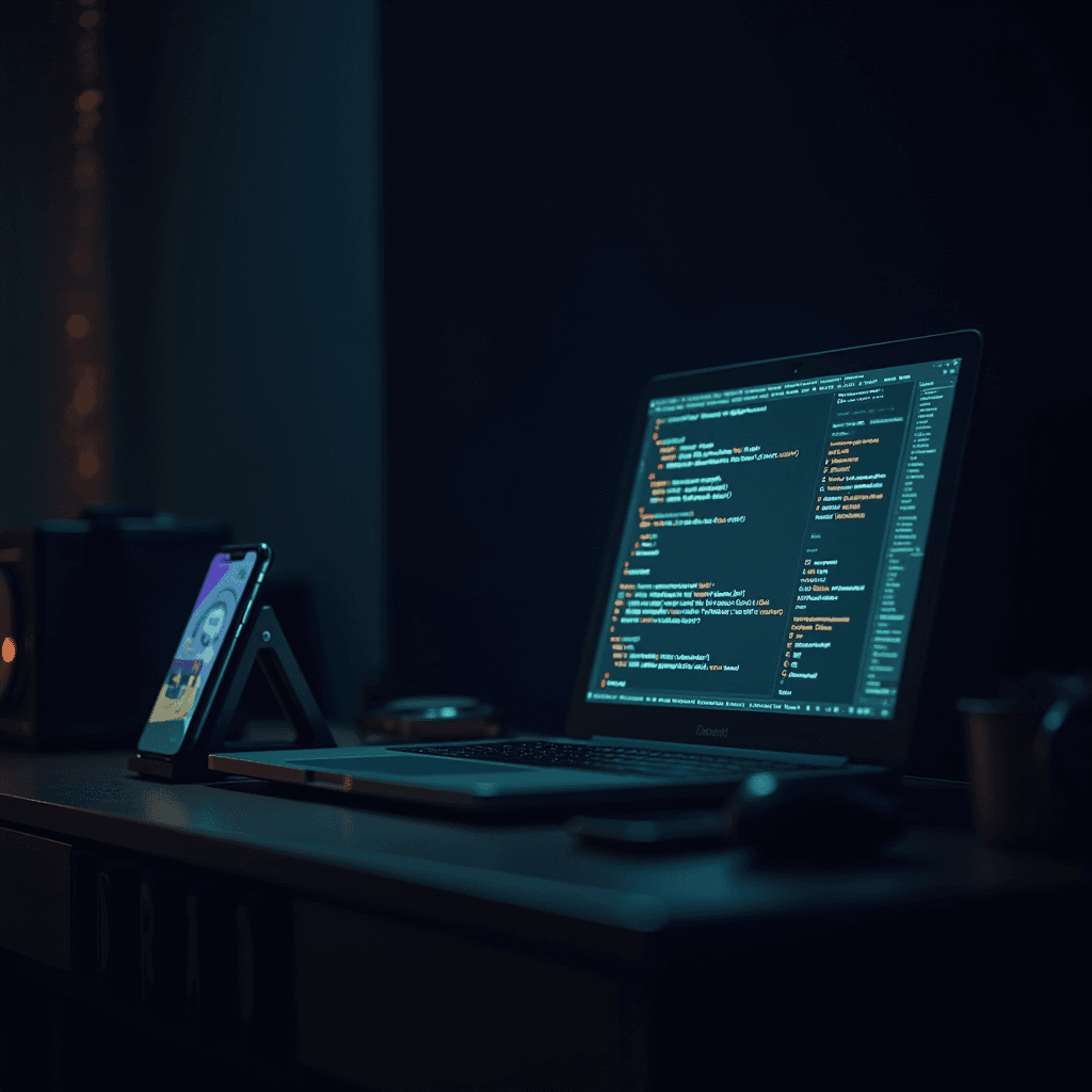 The image features a sleek, modern workspace illuminated by dim, warm lighting. At the center is a laptop displaying a vibrant code editor filled with colorful syntax. The code appears to be well-structured, highlighting functions and variables. Beside the laptop is a smartphone placed on a stand, its screen showing a bright interface, possibly an app or a social media platform. The overall atmosphere suggests focused night-time coding or development work, with a cozy yet minimalist setup. A few objects like a mug and a speaker are visible, adding to the ambiance.