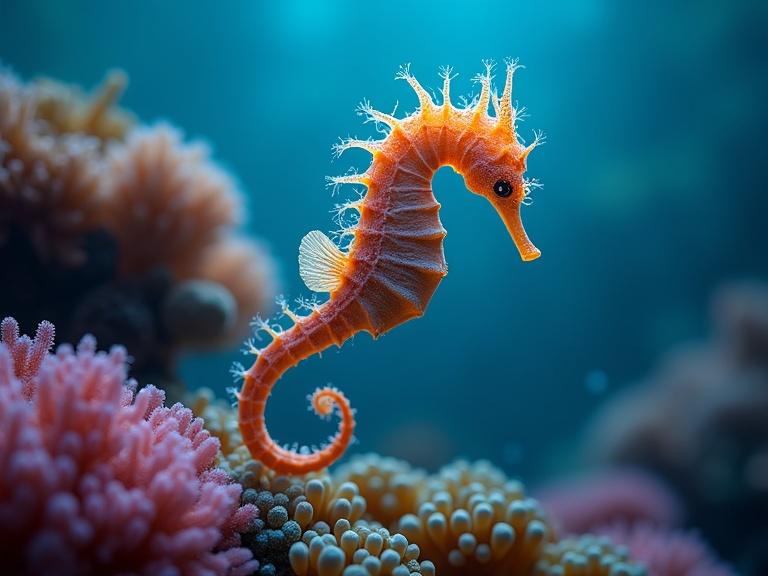 A leafy sea horse swims gracefully in a vibrant coral reef background. The fish exhibits intricate details resembling cloth. The scene captures a stunning cinematic quality with dynamic bioluminescent lighting enhancing the underwater atmosphere. The image is colorful, high-definition, and very attractive, showcasing a magical, serene marine environment.