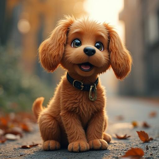 A cute, Pixar-style illustrated dog with fluffy fur is sitting on a pathway surrounded by autumn leaves. Warm sunlight is shining down creating a soft atmosphere.