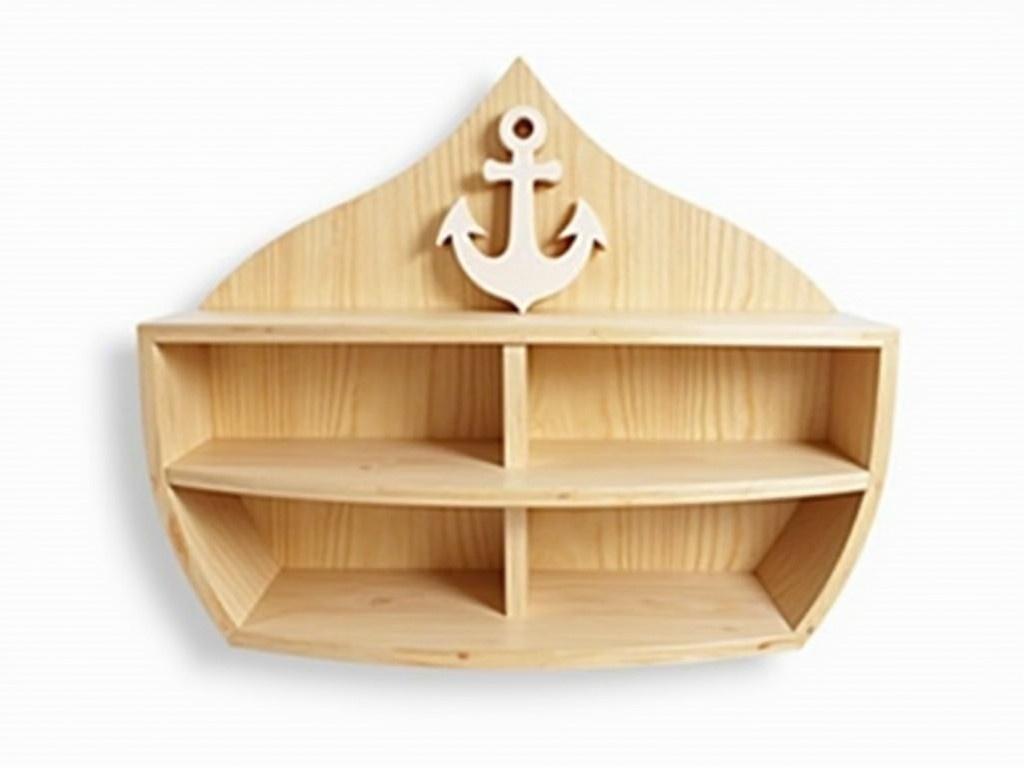 The image shows a wooden shelf designed to look like the shape of a boat. This unique shelf features multiple shelves for storage or display, with a pointed top resembling a boat's bow. The wood has a natural finish, showcasing its grain and texture. An anchor decoration is placed at the top front of the shelf, adding a nautical touch. The background is plain and white, which highlights the shelf's design.